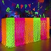 Mega-L Glow in The Dark Party Supplies, 2 Pack Neon Party Decorations Fluorescent Macaron Orange, Yellow and Fuchsia Wavy Metallic Tinsel Foil Fringe Table Skirts, Perfect Glow Birthday Party Decor