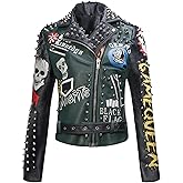 DARKSHE Women's Faux Leather PU Jacket, Graffiti Studded Rivet Punk Biker Moto Fashion Coat with Long Sleeve