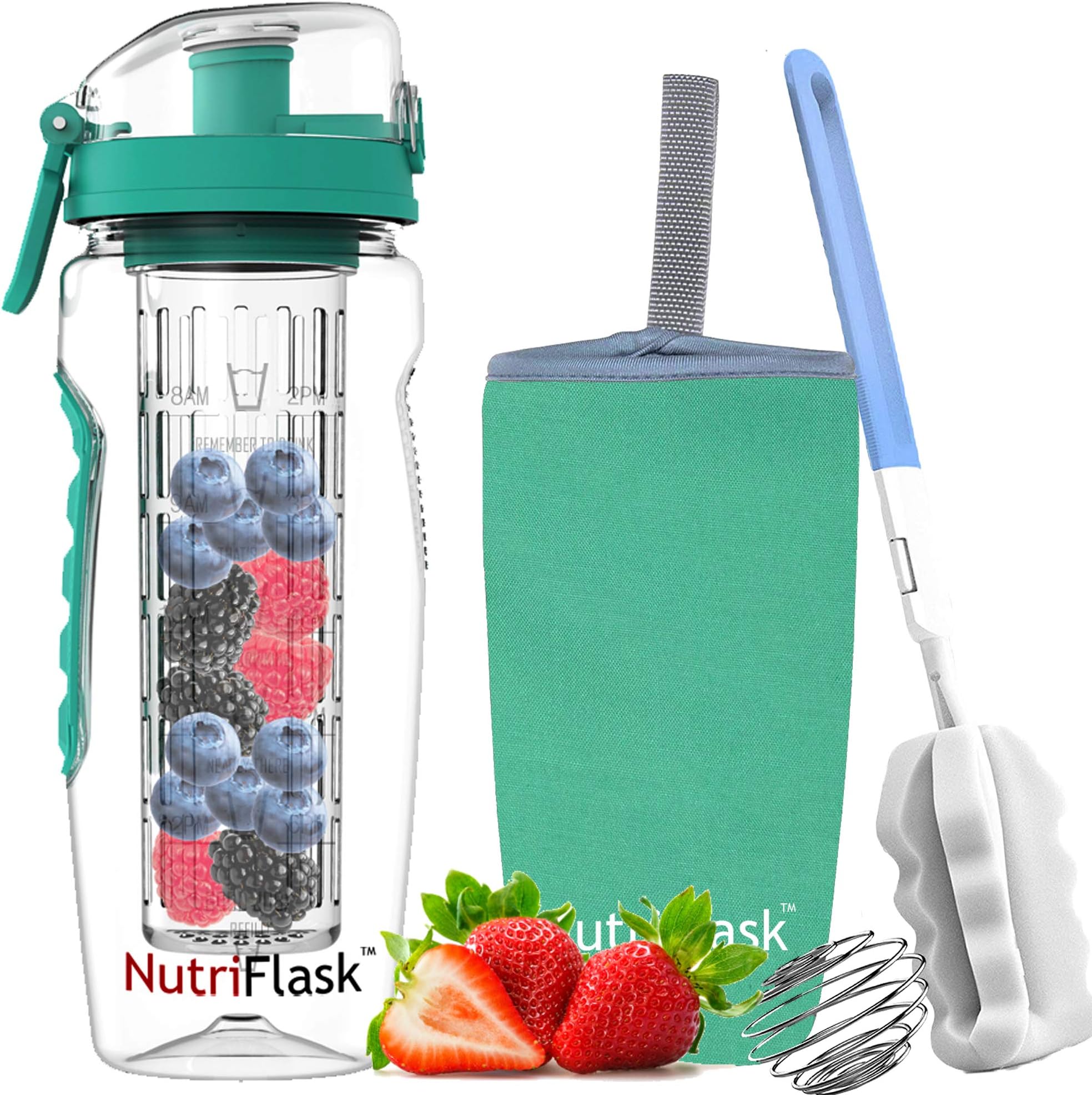 NutriFlask Tritan Fruit Infuser Water Bottle, Tritan Infusion Unit, Detox Infused Recipes Ebook, Bottles Sleeve Cover, 1L, Mint