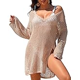 SOCIALA Swimsuit Coverup for Women Crochet Long Sleeve Bathing Suit Cover Up Loose Fit Beach Swimwear Dress