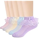 Meeshine 5 Pairs Toddler Baby Girls Frilly Ruffle Lace Bow Socks Princess Eyelet Cotton Ankle Dress Socks for 1-14T kids