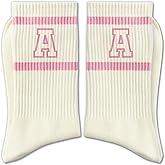 RZQIJ Pink and White Striped Crew Socks with the Letter, Classic Varsity Sports Style Monogram Socks
