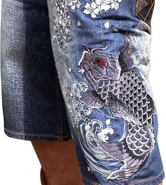 Amazon ハーフパンツ ハーフジーンズ ハーフデニム 和柄 鯉 桜 メンズ 刺繍 大きいサイズ インディゴ W40 ミディアムパンツ 通販