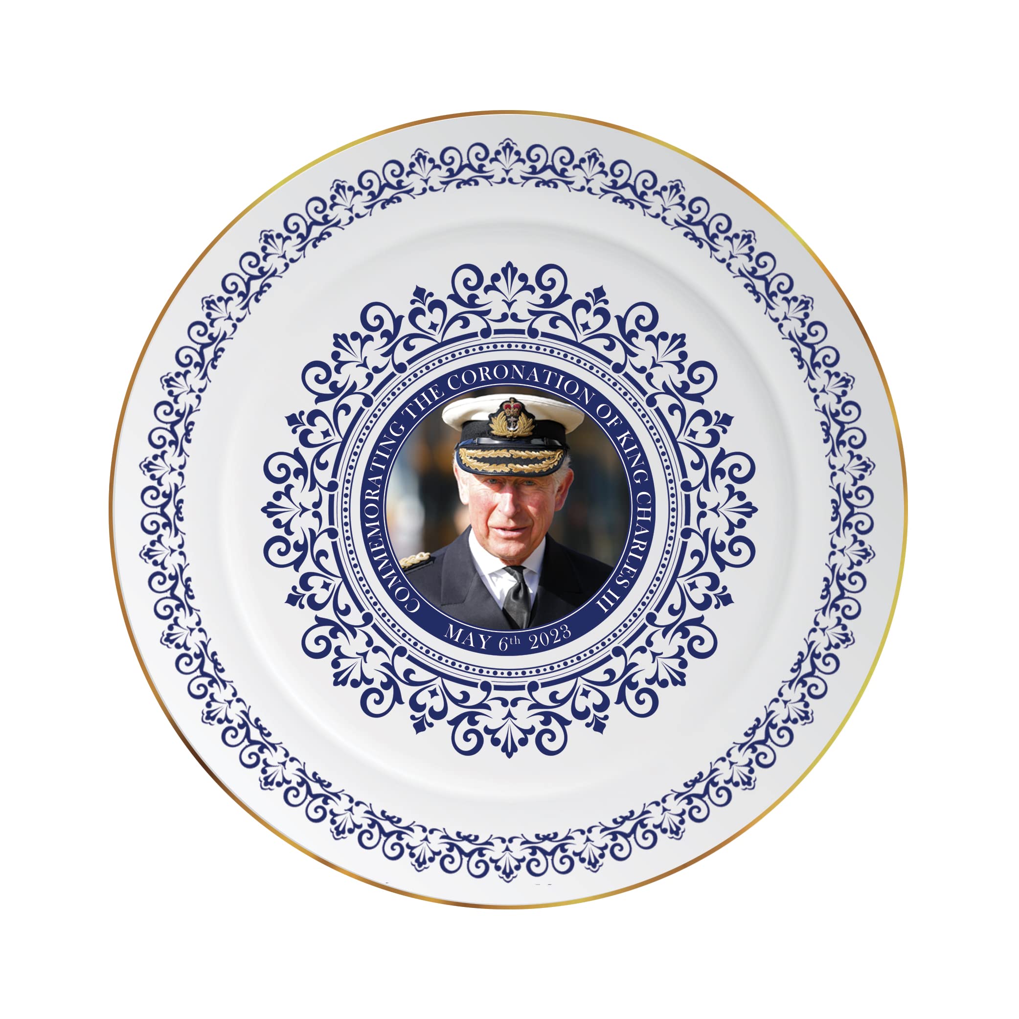 SHATCHI King Charles III Portrait Memorabilia King's Coronation Commemorative Plate with Stand Souvenirs Gift His Majesty, White, Plate - 8Inch