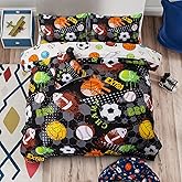 A Nice Night 6Pcs Bed in A Bag Full Sports Microfiber Comforter Set,Black Rugby Ball Basketball Printed Bedding Collections,for Boys Kids Teen