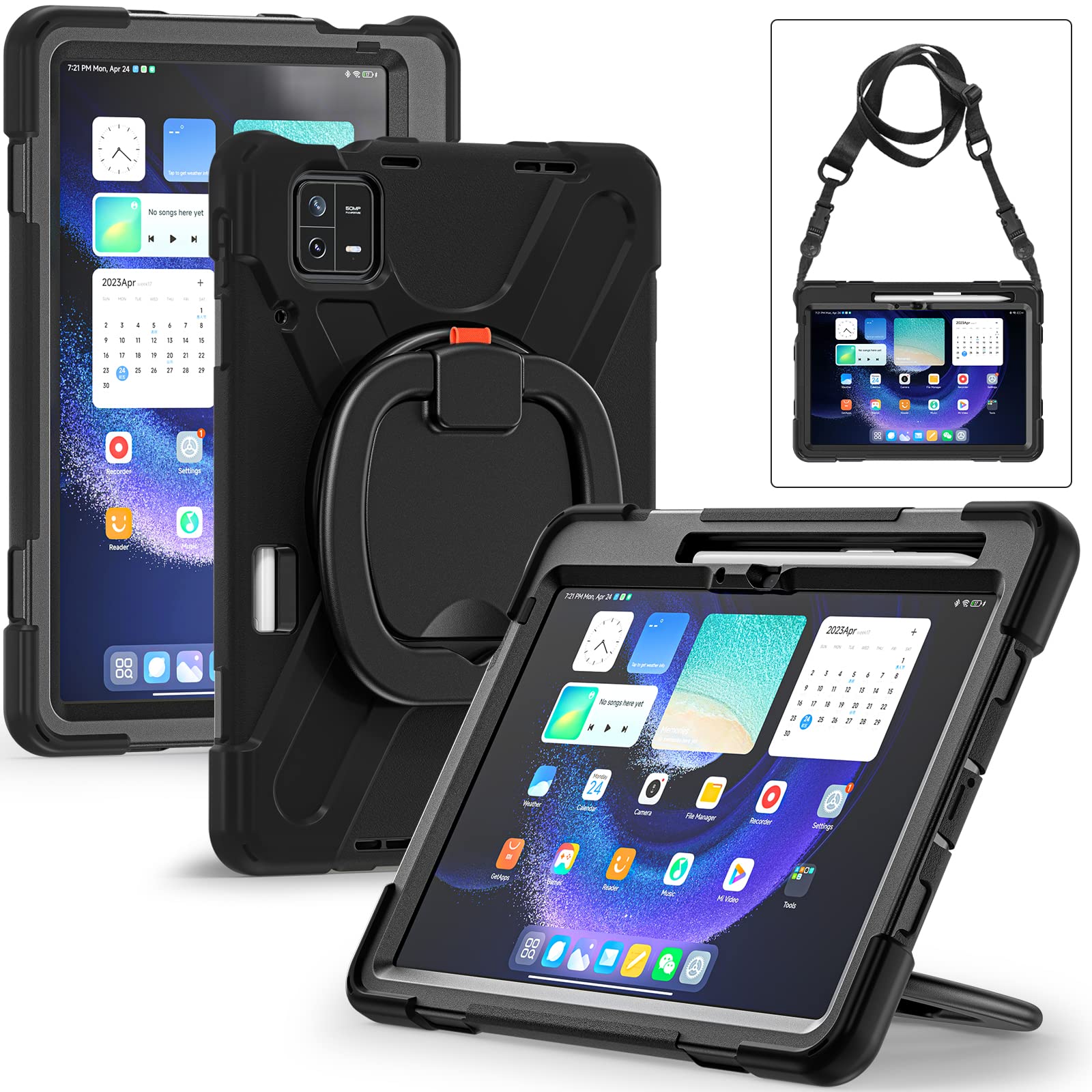UFinetech Xiaomi Mi Pad 6/ Mi Pad 6 Pro 11-inch Tablet Case - Heavy Duty Shockproof Cover, 360° Rotating Hand Strap, Foldable Stand, Anti-Slip Handle, Adjustable Shoulder Strap, Pen Holder - Black