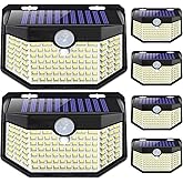 HMCITY 120 LED Outdoor Solar Lights with Motion Sensor and 3 Lighting Modes, IP65 Waterproof Wide Solar Wall Lights Ideal for Garden Patio Yard (Front Button 6Packs, Black Shell-Daylight White)