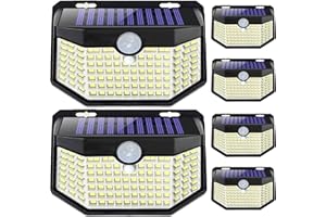 HMCITY 120 LED Outdoor Solar Lights with Motion Sensor and 3 Lighting Modes, IP65 Waterproof Wide Solar Wall Lights Ideal for Garden Patio Yard (Front Button 6Packs, Daylight White, 6500K)