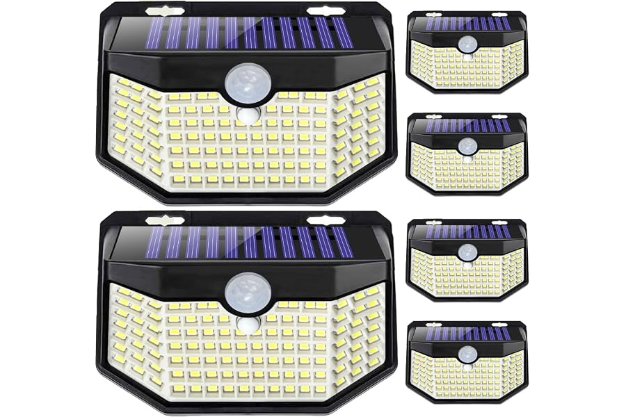 HMCITY 120 LED Outdoor Solar Lights with Motion Sensor and 3 Lighting Modes, IP65 Waterproof Wide Solar Wall Lights Ideal for Garden Patio Yard (Front Button 6Packs, Black Shell-Daylight White)