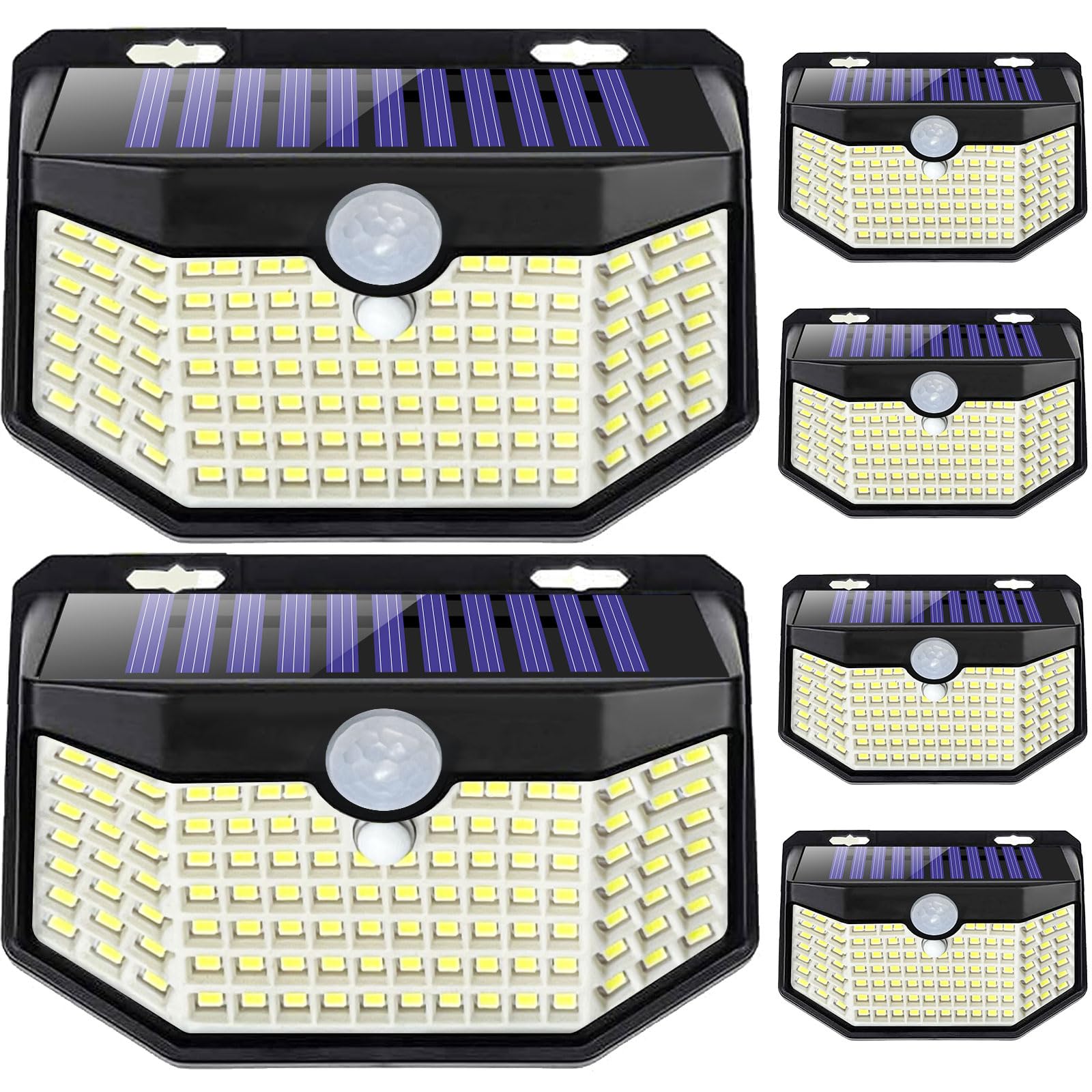 Photo 1 of HMCITY 120 LED Outdoor Solar Lights with Motion Sensor and 3 Lighting Modes, IP65 Waterproof Wide Solar Wall Lights Ideal for Garden Patio Yard (Front Button 6Packs, Daylight White)