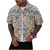 BEAUDRM Men's Vintage Floral Print Shirt Vintage Button Down Short Sleeve Collared Hawaiian Shirts Vacation Tops