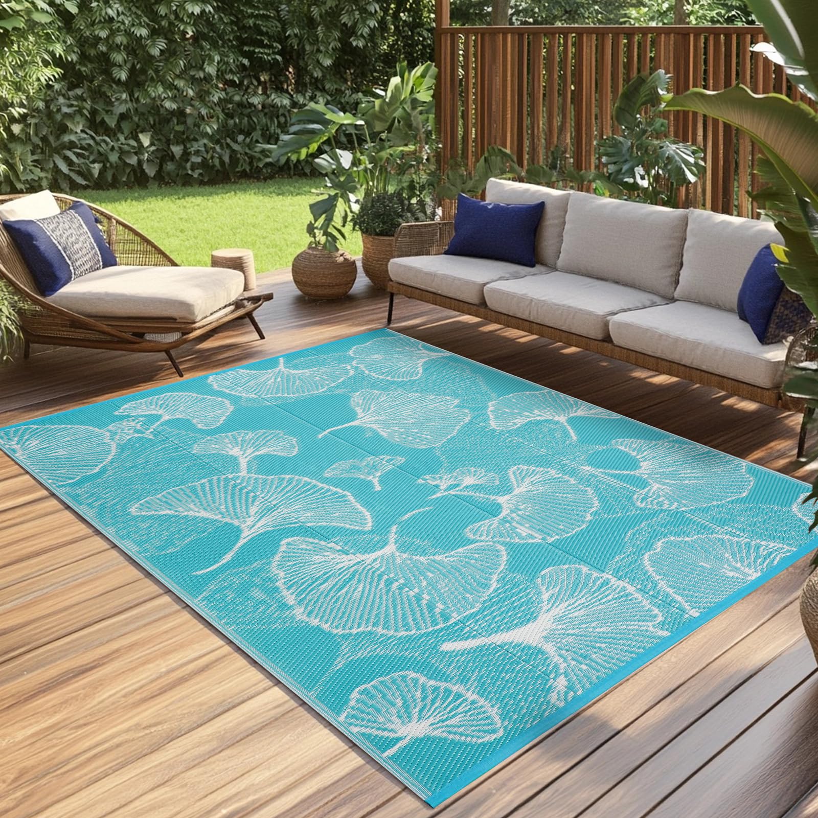 Photo 1 of Pcinfuns Outdoor Patio Rugs 9'x12' Waterproof, Reversible Plastic Straw Camping Rug Carpet, Large Area Rugs Mats for Rv, Deck, Porch, Picnic, Beach, Balcony, Aqua Blue & White