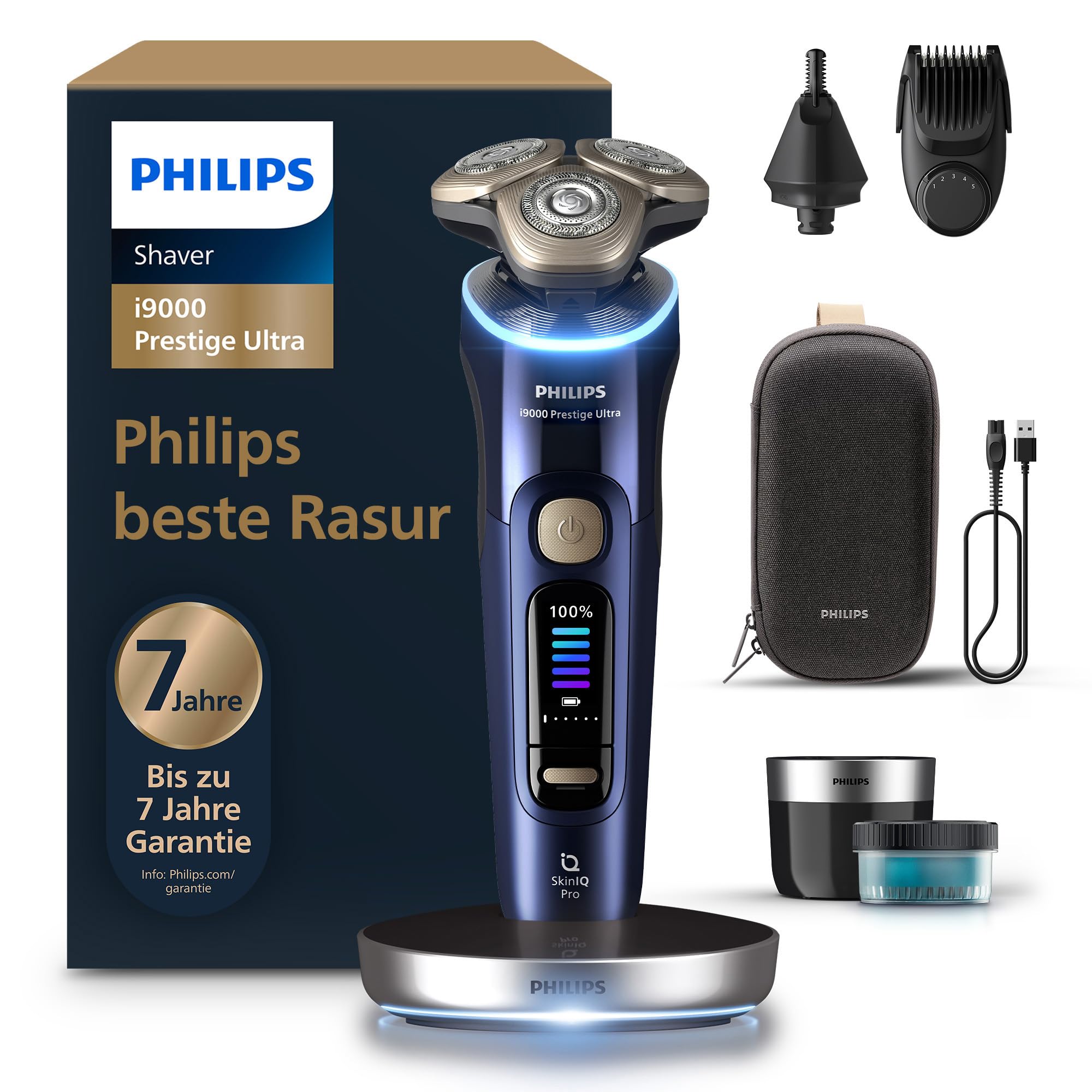 Philips Rasierer i9000 Prestige Ultra, Nass- und Trockenrasierer, adriatic, Druck- und Bewegungssensor, 5+1 Bartstyler, Nasenhaartrimmer, Reinigungsstation, Ladestation und Reiseetui, Modell XP9401/38