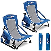 SUNNYFEEL Folding Low Camping Beach Chair 2 Pack, Lightweight Portable Lawn Chair with Mesh Back, Cup Holder for Outdoor/Travel/Picnic/Concert, Foldable Camp Backpack Chair with Carry Bag