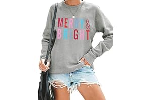 MOUSYA Christmas T-Shirt Women Merry Bright Colorful Letter Printed Sweatshirt Casual Long Sleeve Round Neck Pullover Tops
