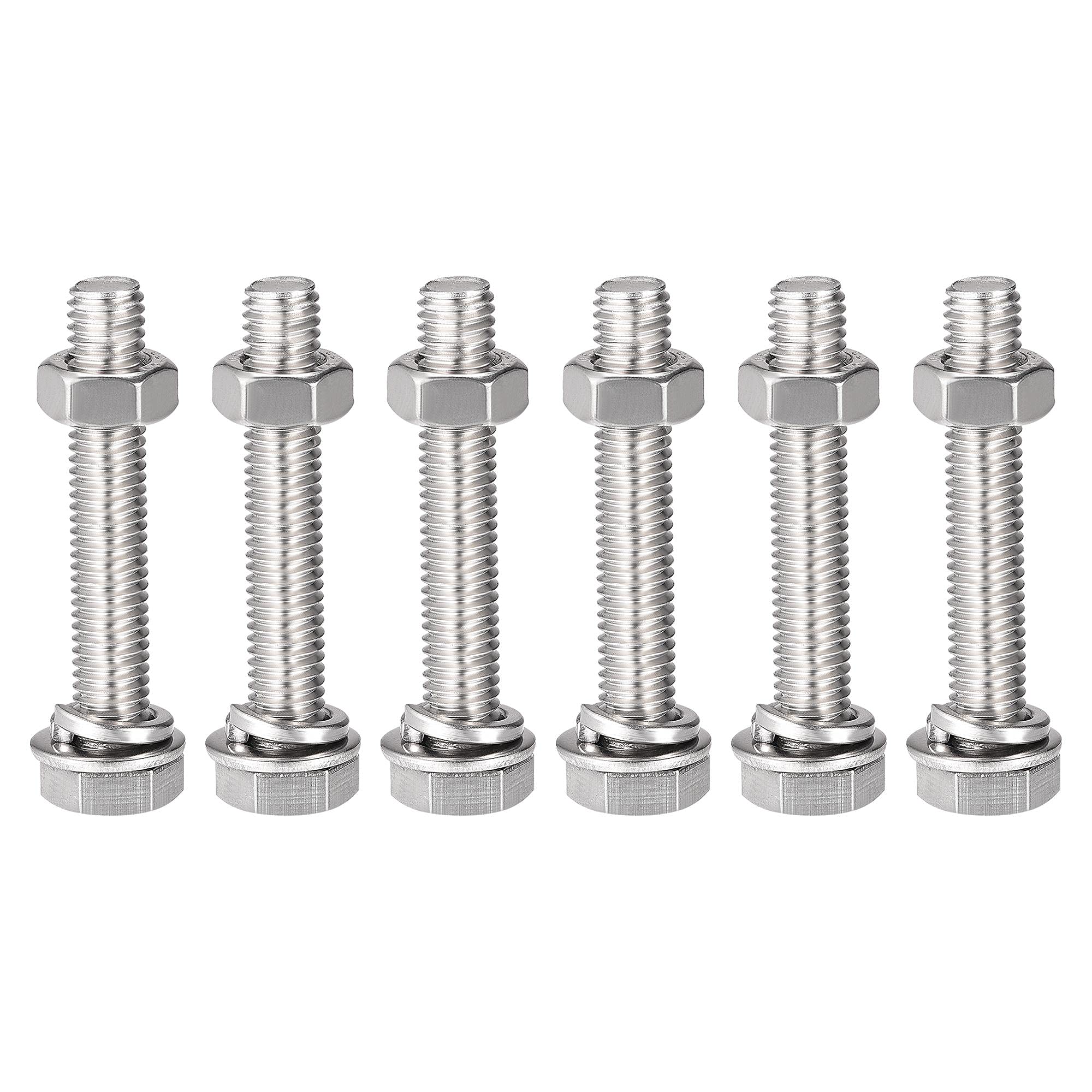 sourcing map M8 x 45mm Hex Head Screws Bolts, Nuts, Flat & Lock Washers Kits, 304 Stainless Steel Fully Thread Hexagon Bolts 6 Sets