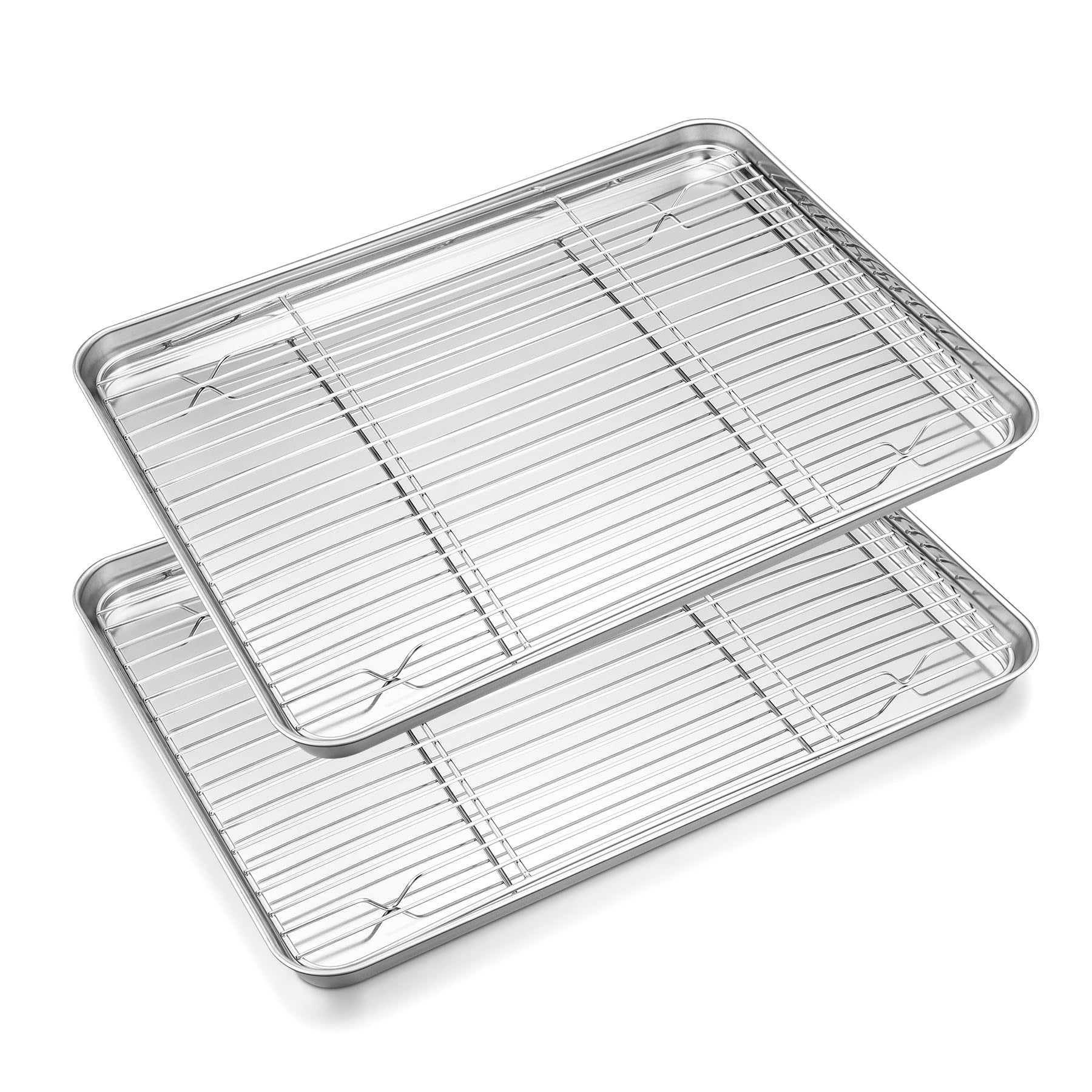 HaWare Baking Tray with Rack Set, 40 x 30 x 2.5cm Stainless Steel Large Oven Cookie Sheet Pan with Cooling Rack for Roasting/Cooking/Drying, Mirror Finish & Dishwasher Safe - 4 Pack (2 Trays+2 Racks)