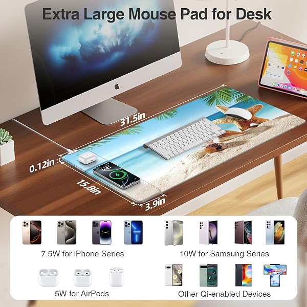 WIRELESS CHARGING MOUSE PAD, 31.5″X15.8″ LARGE GAMING DESK MAT FOR KEYBOARD/LAPTOP, WATERPROOF ULTRA-SMOOTH SURFACE, NON-SLIP BASE, WITH 20W PD ADAPTER, SUMMER BEACH