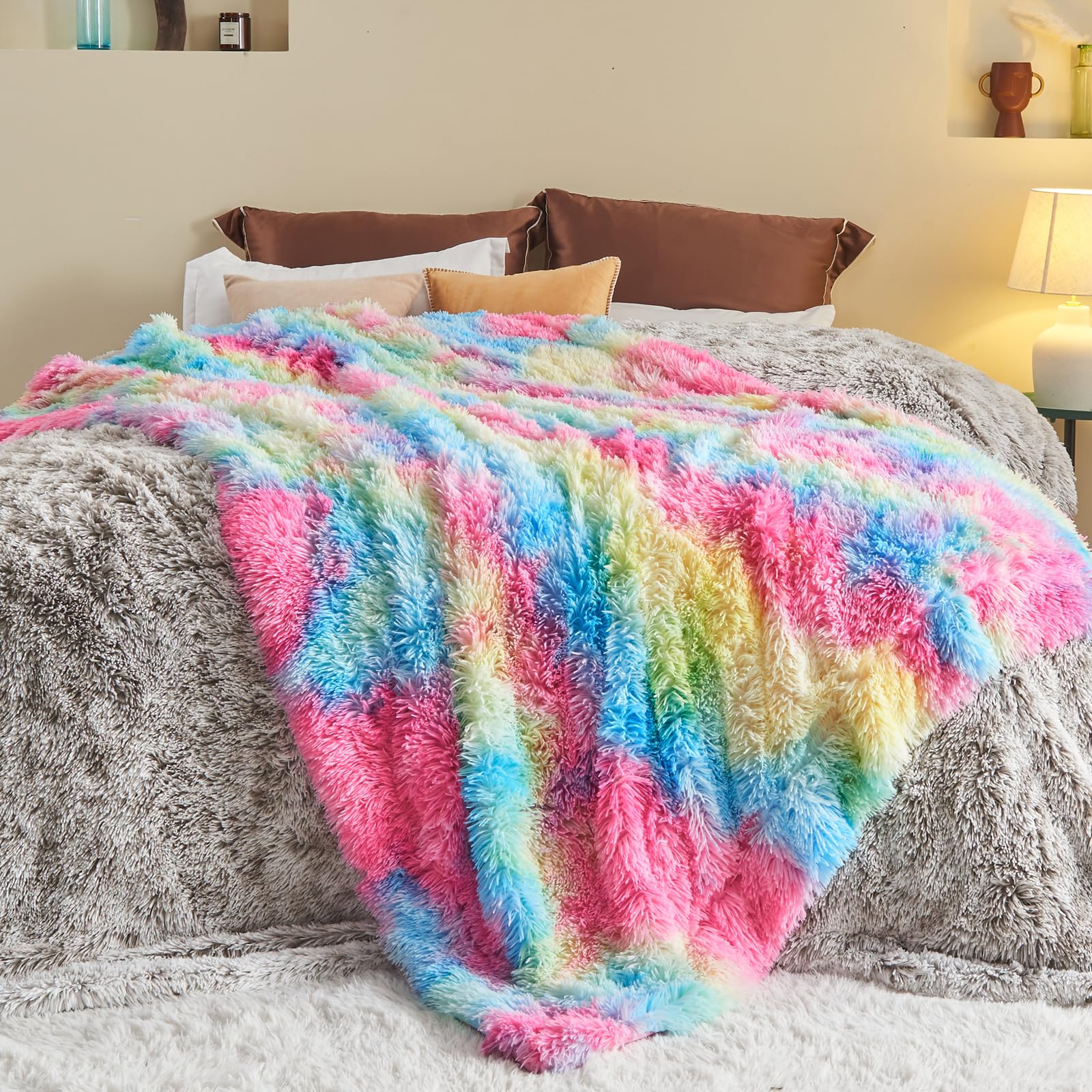 GONAAP Fuzzy Faux Fur Throw Blanket Dark Rainbow