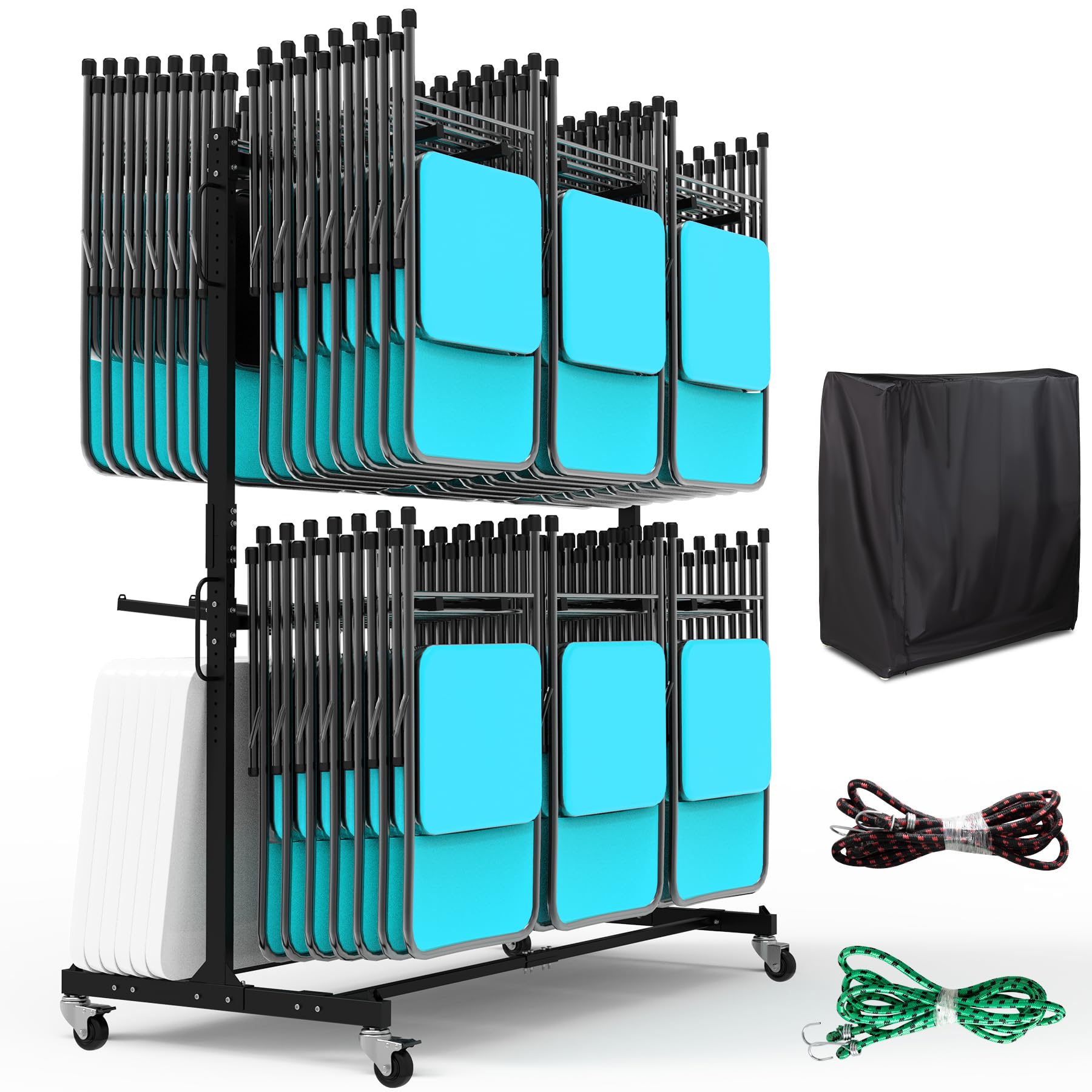 Photo 1 of Eastrexon Folding Chair Rack, Heavy-Duty Folding Chair Cart with Swivel Wheels, Holds 12 Tables or 84 Chairs, Up to 1000 LBS Capacity, 2 Binding Ropes, Dust Cover, 72“L x 33”W x74”H, Black