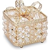 Hipiwe Vintage Crystal Jewelry Box Gold Glass Trinket Organizer Sparkly Treasure Box Earrings Rings Storage Box Mirror Surface Keepsake Box with Glass Lid for Valentine Wedding Home Decoration