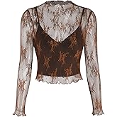CIDER Women’s Mesh Lace Floral Long Sleeve See Through Mock Neck Tops Blouse & Solid Crop Cami Top