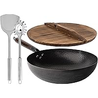 Carbon Steel Wok with 2 Spatulas & Wooden Lid for Electric, Induction & Gas Stoves – Heavy Duty Stir Fry Pan - Pre…