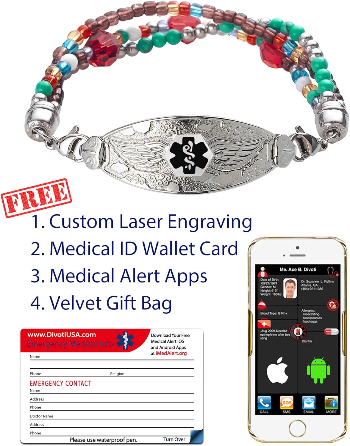 women of red alert 3 on Divoti Custom Engraved Medical Alert Bracelets For Women Angel Wing Tag W Tri Strand Crystal Red Color Size Stainless Steel Medical Bracelet Medical Id Bracelet W Free Engraving Identification Clothing Shoes Jewelry