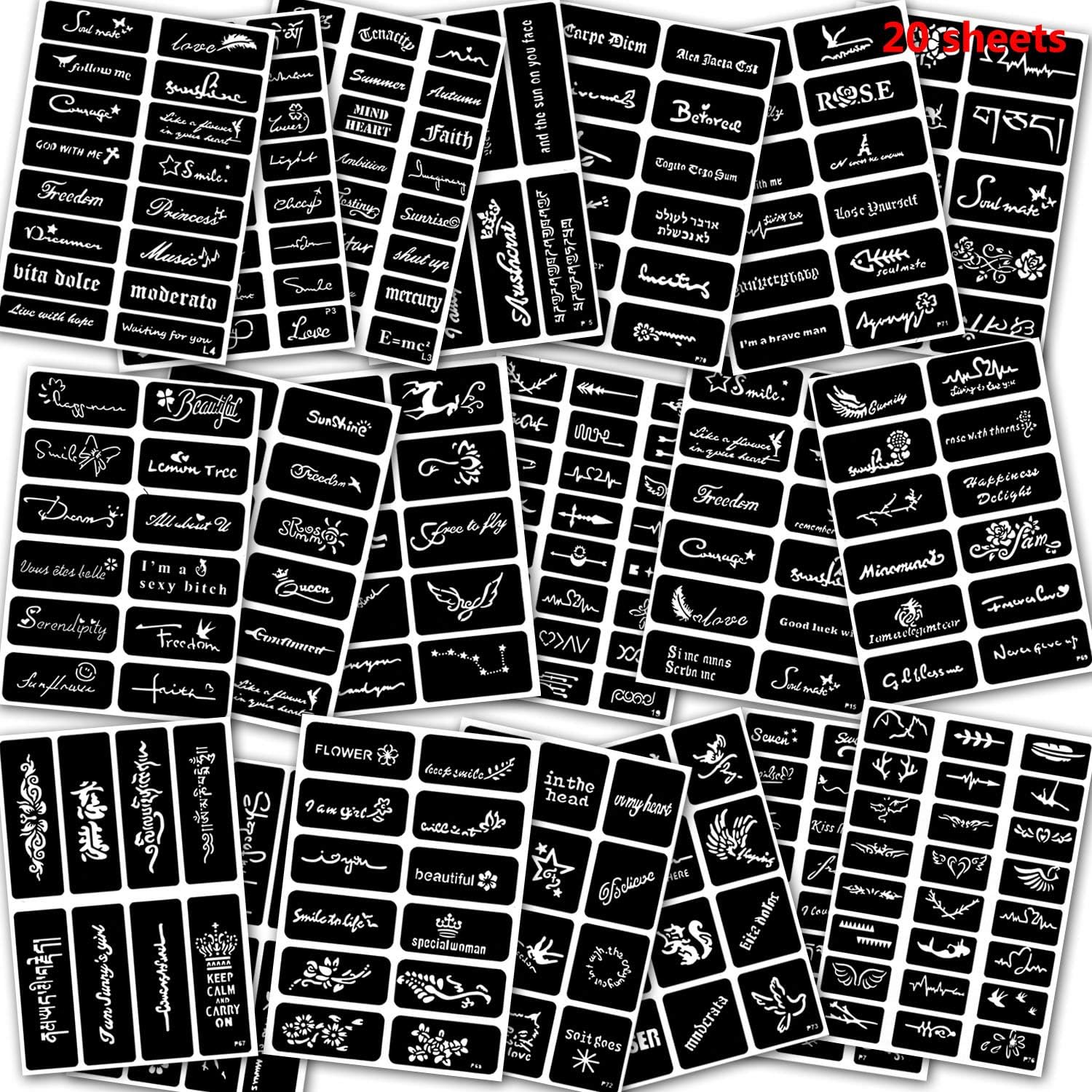 DevilFace 288pcs Temporary Tattoos Stencils - 20 Sheets Reusable Henna Stencils Body Art Stencil Pack Quotes Glitter Tattoo Stencils Kit, 288 Stencil Stickers