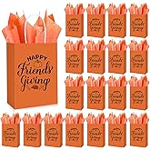 Cholemy 25 Sets Friendsgiving Party Gift Bags Thanksgiving Party Favor Friendsgiving Treat with Tissue Orange Thanks Giving Paper Gift Bags with Handles for Friend Guests, 5.9 x 3.15 x 8.27 Inch