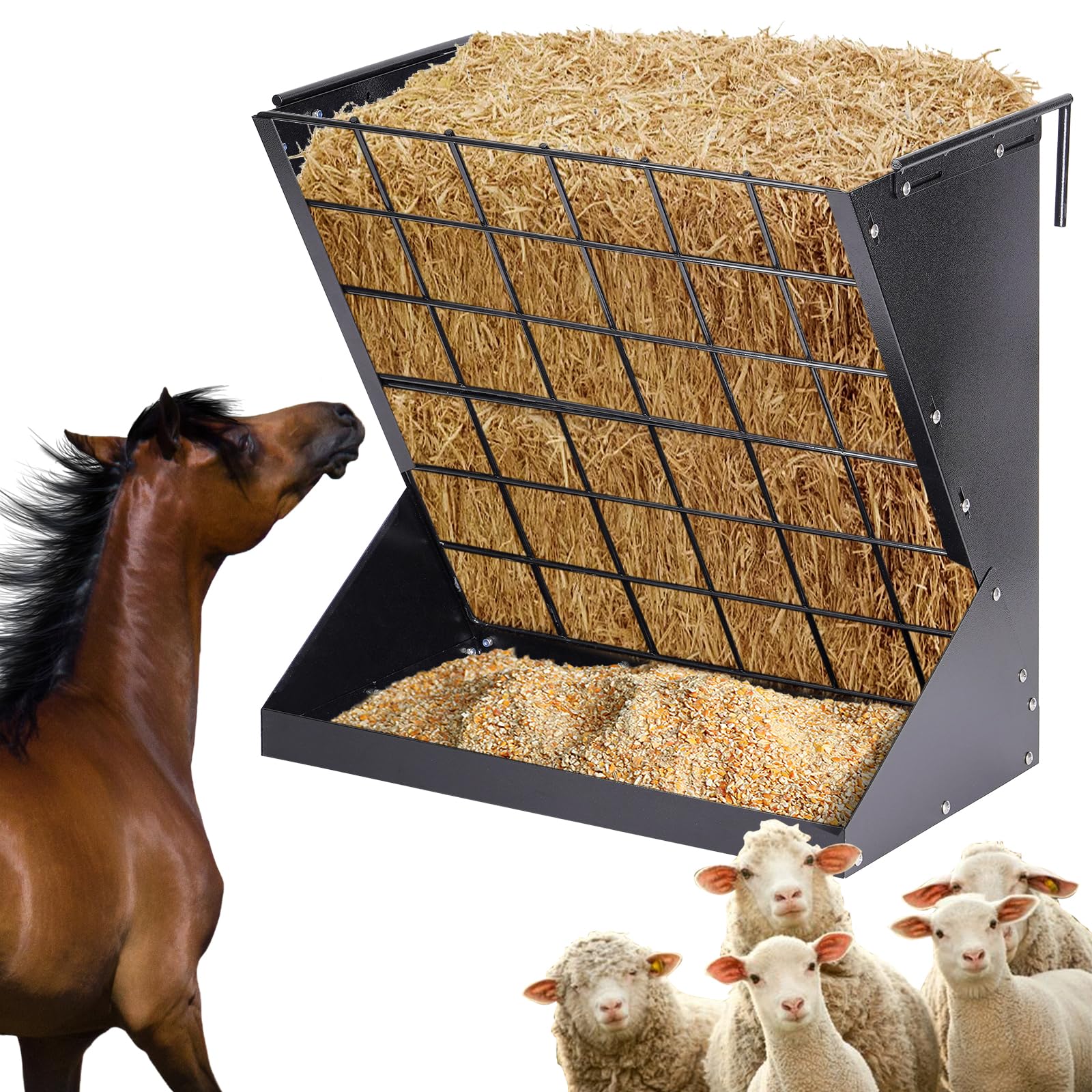 Photo 1 of PAUQRWIE Hay Feeder for Goats 25 Gallon Horse Hay Rack Wall Mount 2 in 1 Hay and Grain Feeder Metal Livestock Mineral Feeders for Sheep Nigerian Dwarf Goats, Hanging, Adjustable