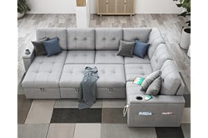 AMERLIFE 110 Inch Pull Out Couch, Sleeper Sofa Bed with 2 USB Sockets & Cup Holders, Oversized U Shape Sectional Sofa with Storage Chaise & 3 Seater- Light Grey