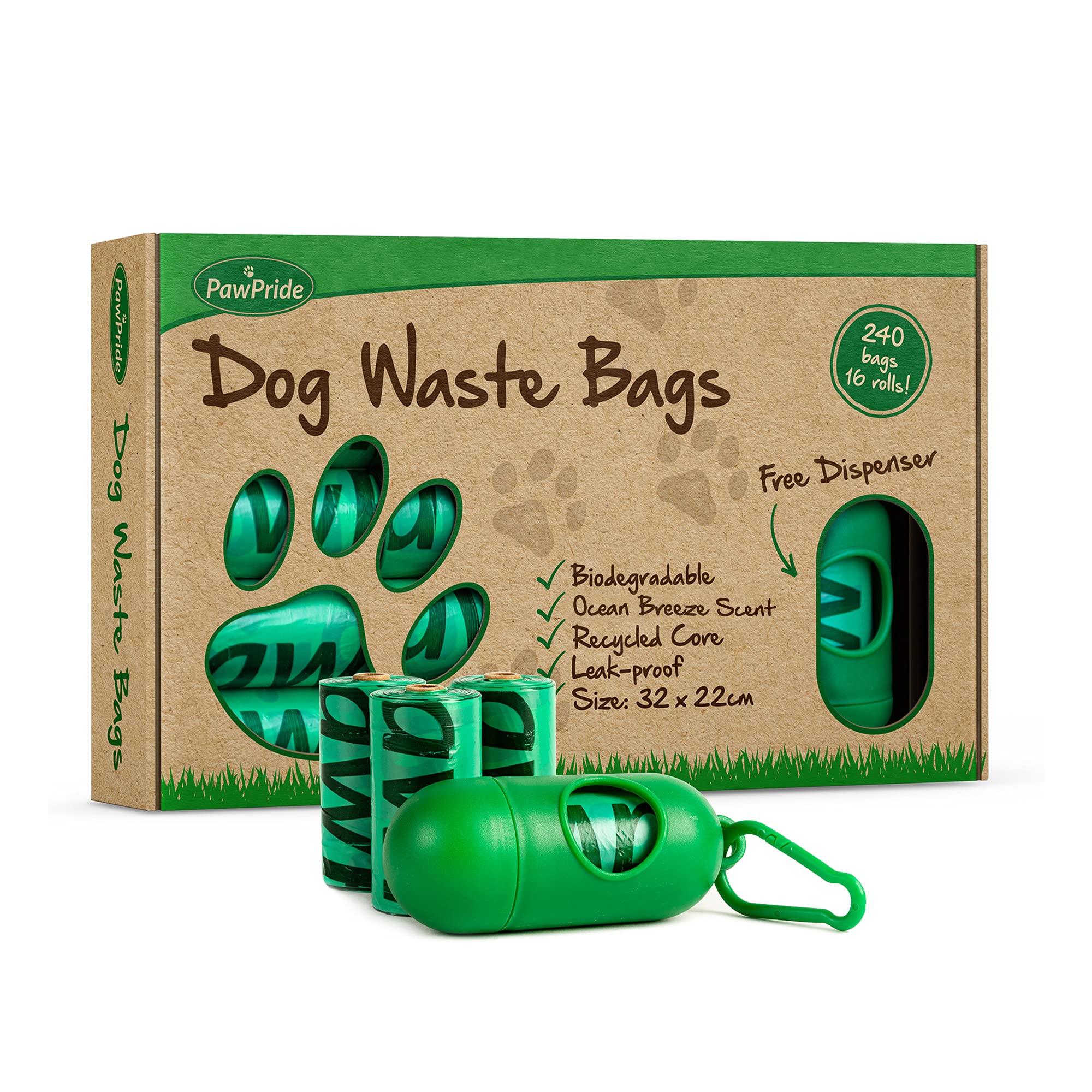 PawPride Dog Poo Bags - Pack of 240 Strong Biodegradable Waste Bags - 16 Rolls of Leak Proof Scented Dog Waste Bags with Clip-on Lead Dispenser (Ocean) — image 1