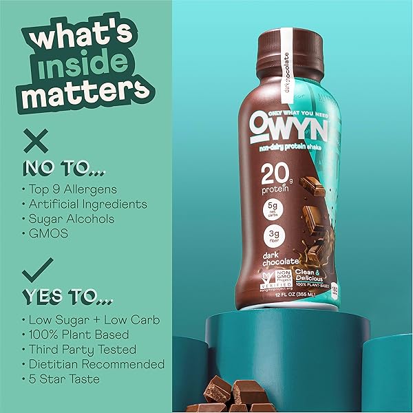 OWYN ONLY WHAT YOU NEED PROTEIN SHAKE VARIETY PACK, DARK CHOCOLATE, COLD BREW COFFEE, COOKIES AND CREAMLESS, 20G PROTEIN, 4G SUGAR, 3G FIBER, DAIRY FREE, PLANT BASED PROTEIN DRINK, 12 CT
