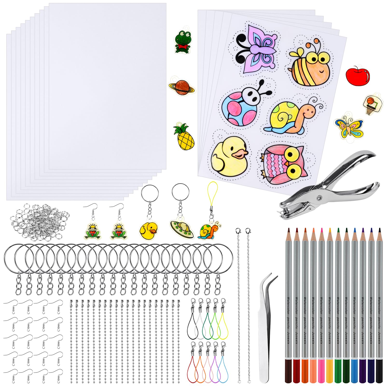 Ainiv 201 PCS Heat Shrink Plastic Sheets Pack, Shrinky Art Crafts Set Include 10 Blank Shrinky Art Film Paper, 5 Shrink Film with Pattern and 186 Craft Making Tool, DIY Hand Made Pendants Decorations