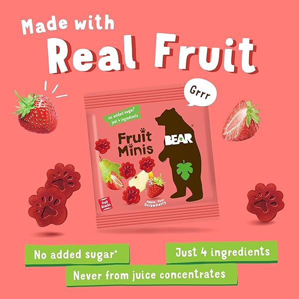BEAR FRUIT SNACK MINIS – BITE-SIZED SNACKS FOR KIDS – GLUTEN FREE, VEGAN, NON-GMO – STRAWBERRY 0.7OZ (1 COUNT)