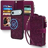 Harryshell 2 in 1 for iPhone 17 Air Wallet Case Magnetic Compatible with Magsafe RFID Blocking Card Holder Detachable Phone Cover Zipper Purse Kickstand Wrist Strap for Men Women Floral Burgundy