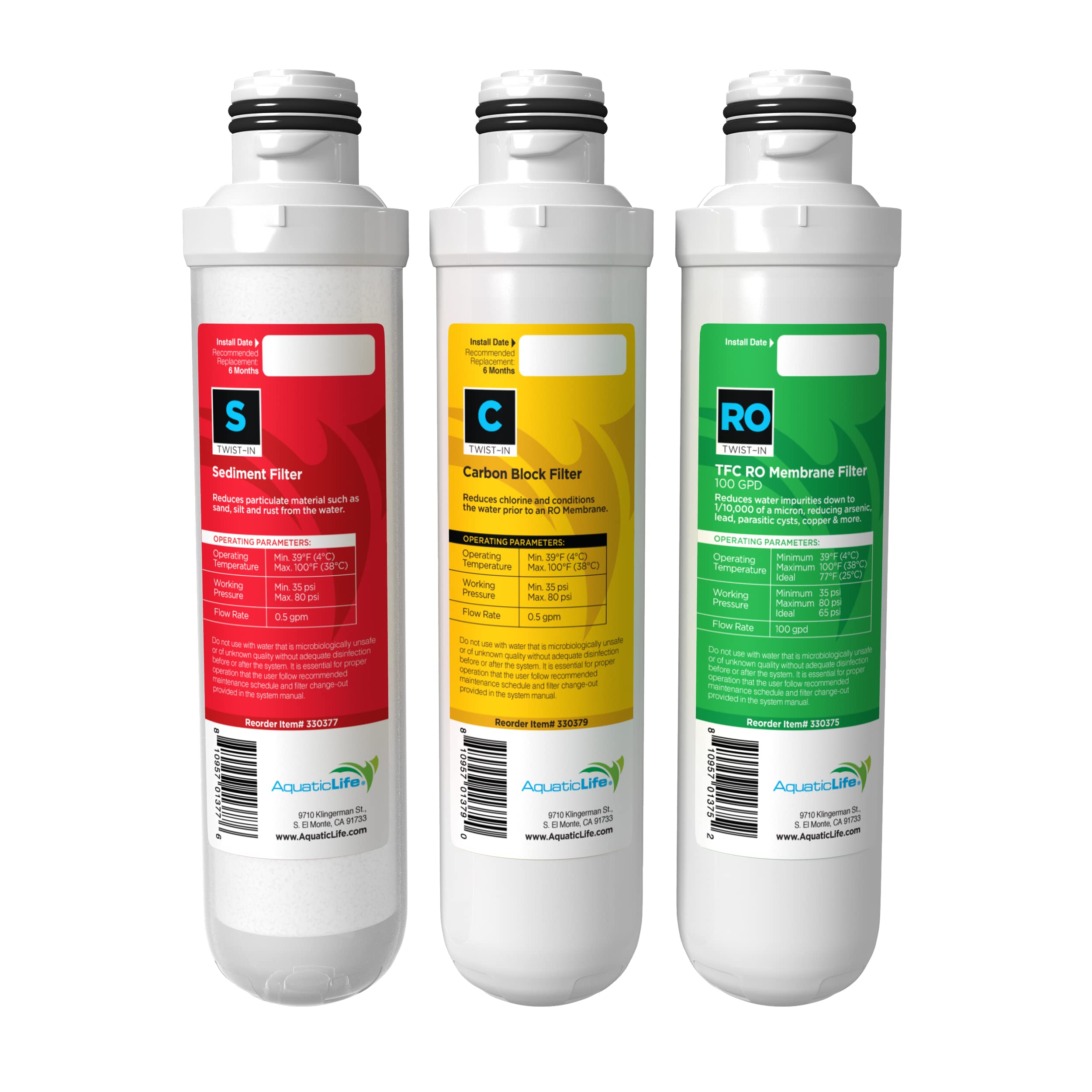 Photo 1 of Aquatic Life Reverse Osmosis Twist-In Replacement Water Filter Cartridges Pack Set, Activated Carbon Block, Sediment Filter and 100 GPD RO Membrane, 3-Piece Bundle