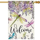 Baccessor Spring Summer Flower House Flag Wisteria Dragonfly Floral Welcome House Flag Burlap Double Sided Vertical Seasonal Farmhouse Wedding Yard Outdoor Decoration 28 x 40 Inch (Large)