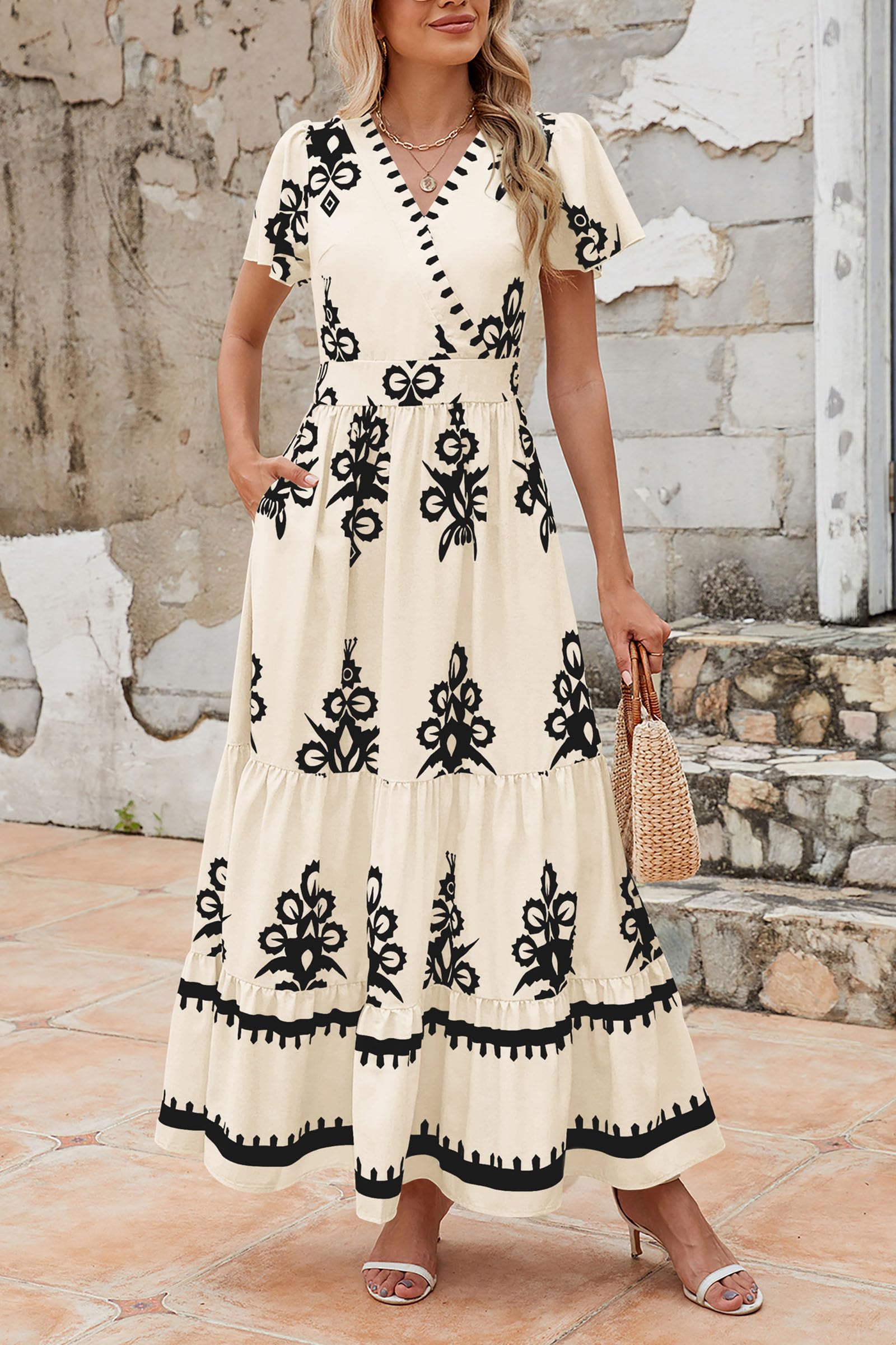 PRETTYGARDEN Womens Summer Casual V Neck Boho Maxi Dress Flowy Aline Bell Sleeve Tiered Floral Dresses with Pocket (Floral Apricot Black,X-Large) - Image 3