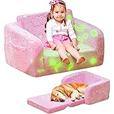 Lamerge 2-in-1 Soft Toddler Couch Fold Out,Foldable Toddler Chair, Glow in The Dark Kids Sofa for playroom,Convertible Foam and Floor Cushion for Boys and Girls (Pink and Clouds)