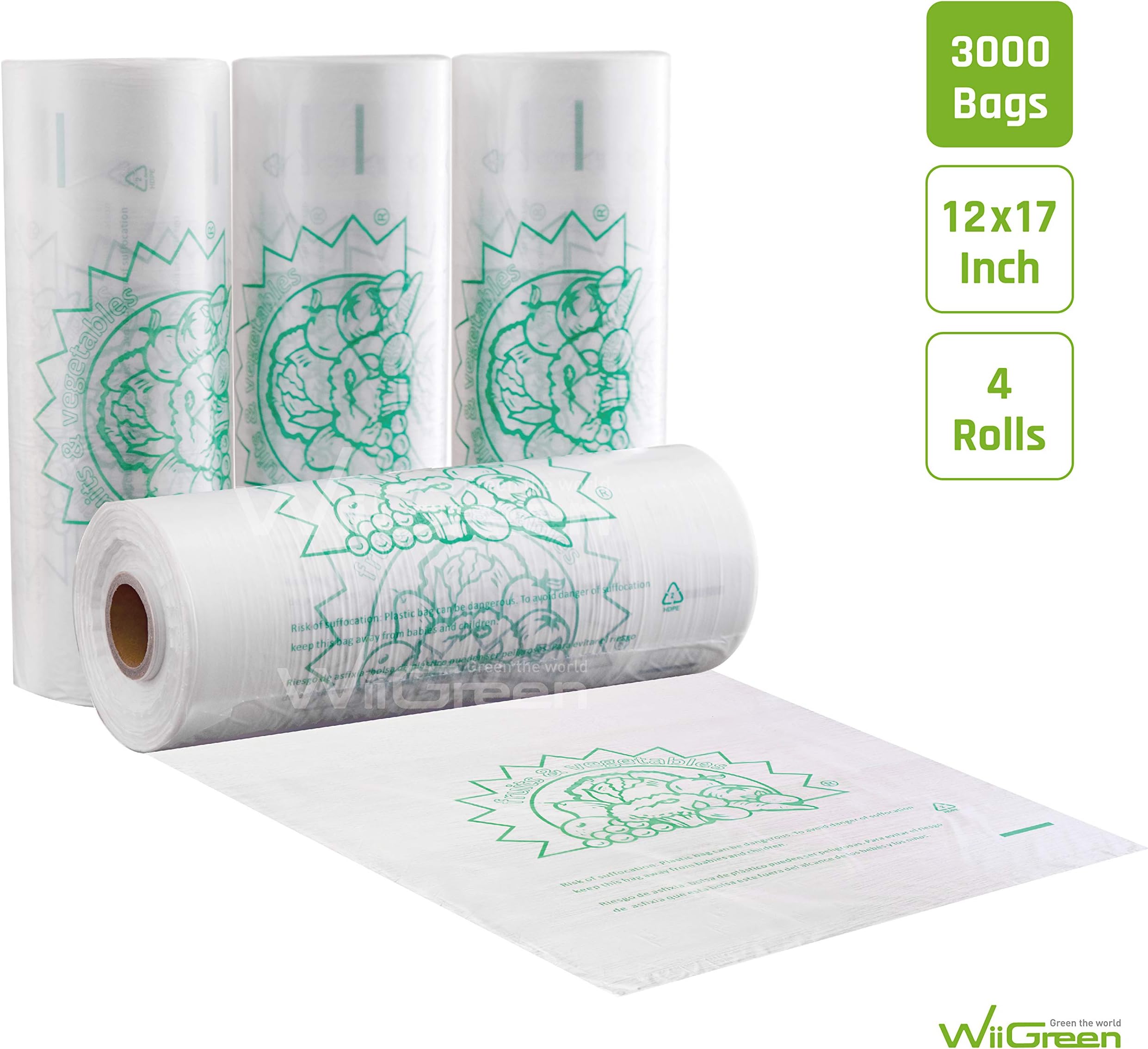 WiiGreen 4 Rolls 12" x 17" HDPE Plastic Produce Roll Bags for Food Storage, Kitchen, Market, Grocery, 625 Bags/Roll