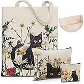 Shinylin 3 Pcs Black Cat Canvas Tote Bag Makeup Coin Purse Set with Zipper Gift Reusable Grocery Shopping Flowers Cute Cosmetic Bag Halloween Aesthetic Portable Pouch Birthday for Mom Women Teacher