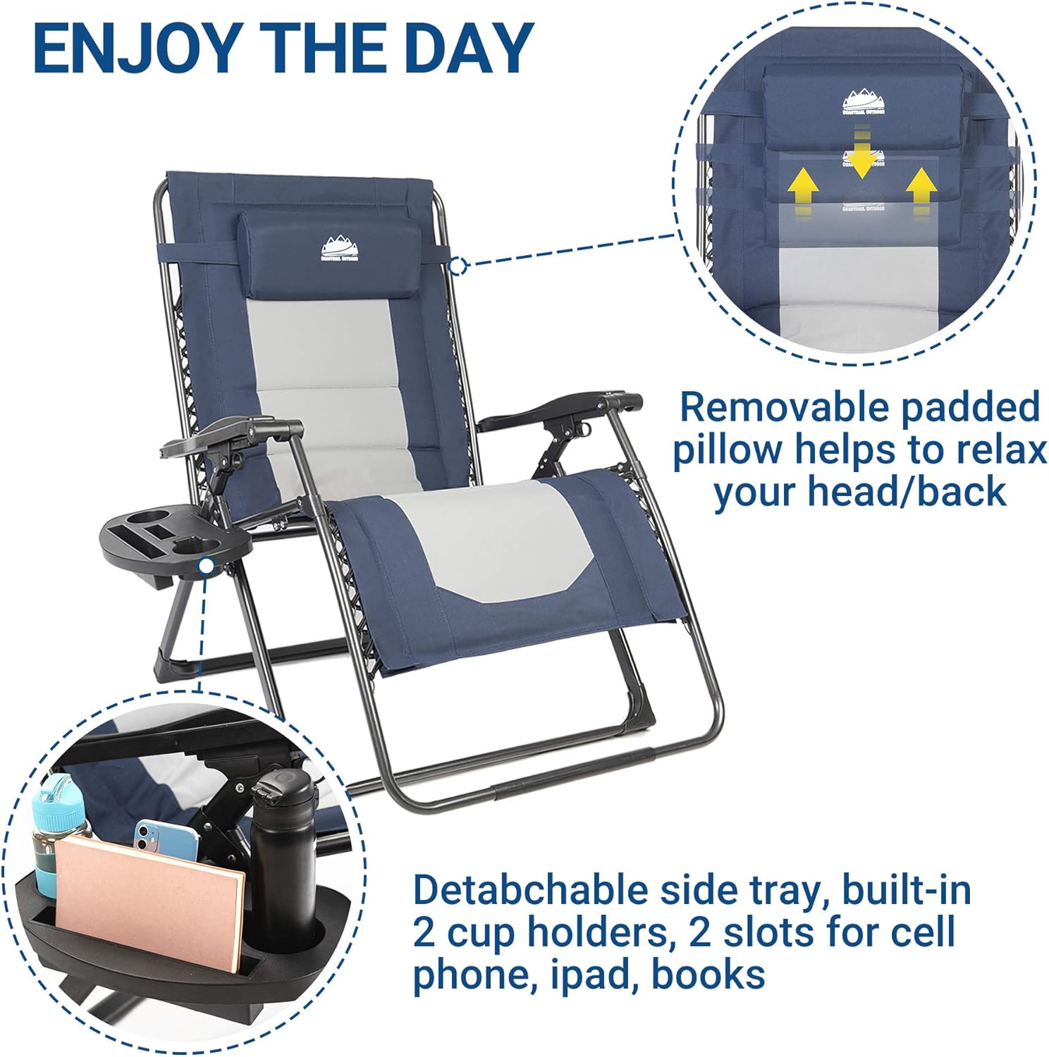 Coastrail Outdoor Zero Gravity Extra Large Armrest XXL Camping Lounge Patio Support 500lbs Padded Reclining Folding Lawn Chair with Side Table, Blue/Gray: Garden & Outdoor