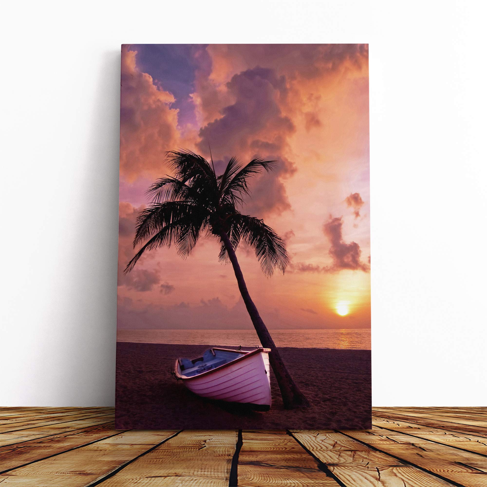 Beach Palm Tree and Boat Seascape Canvas Print | Gallery Wrapped 30mm Frame Wall Art | 20x14 inches | Ready to Hang | Coastal Floral Picture | Living Room Bedroom Lounge Office