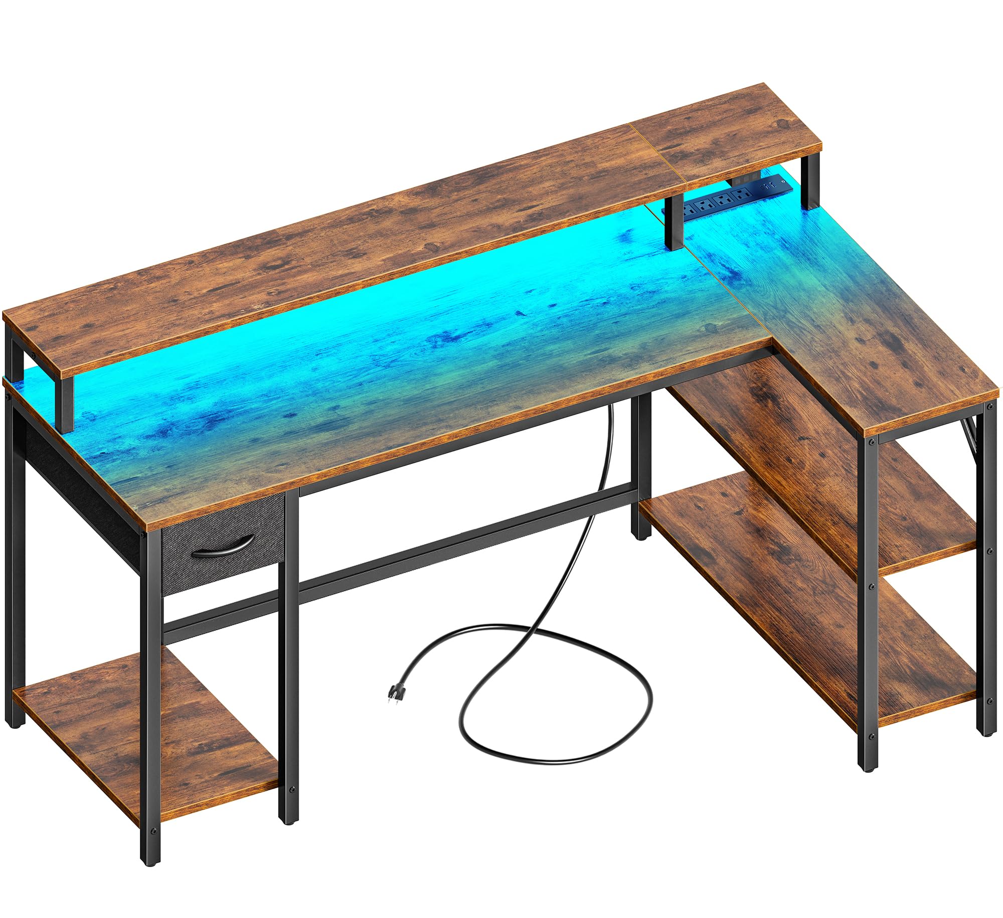 Photo 1 of *missing parts*SUPERJARE 53 inch Reversible L Shaped Desk with LED Lights & Power Outlets, Computer Desk with Shelves & Monitor Stand, Gaming Desk with Drawer, Home Office Desk Corner Desk, Rustic Brown