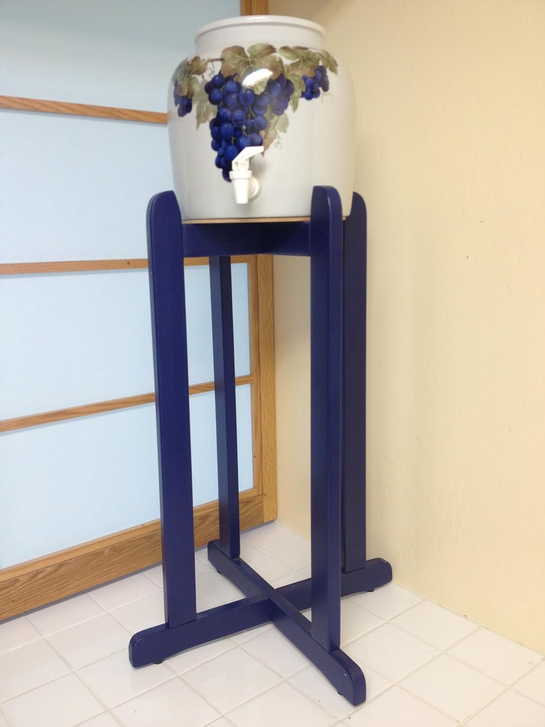 Porcelain Water Dispenser Grapes, and Solid Natural Wooden Floor Stand in Blue