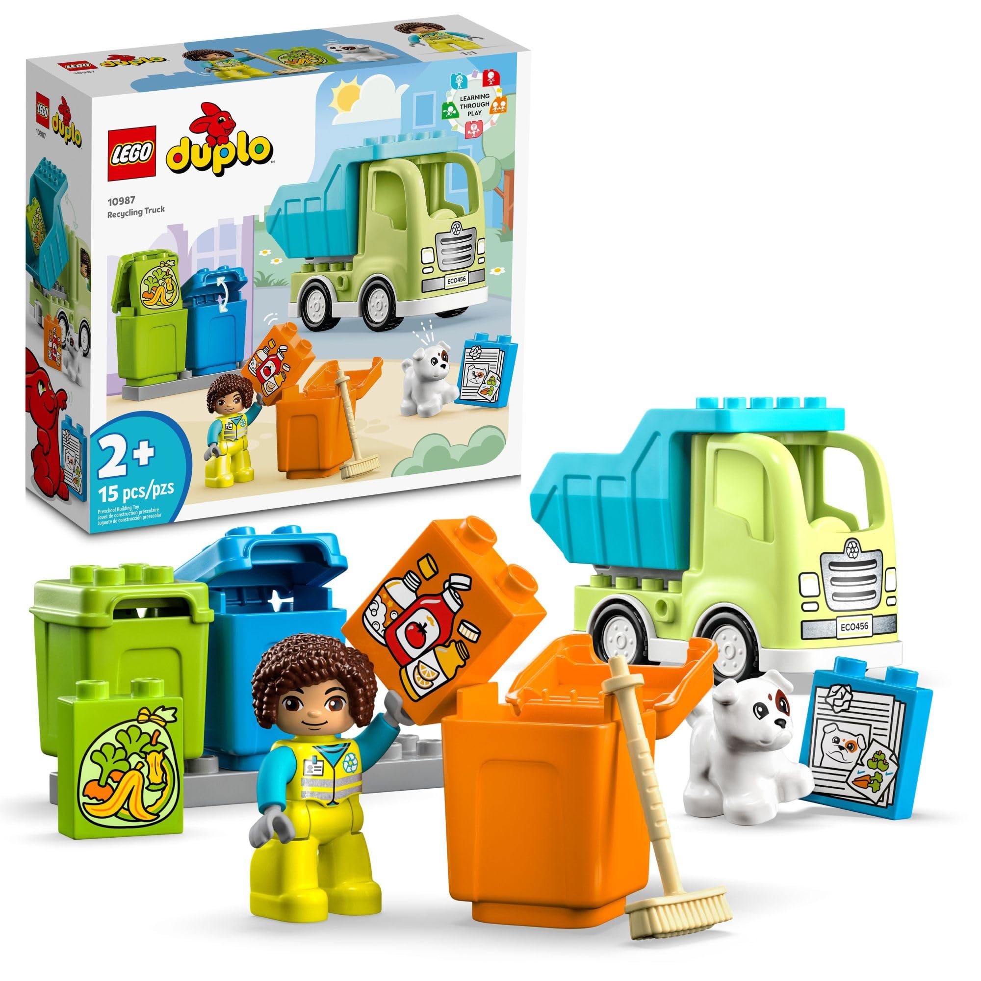 LEGO DUPLO Town Recycling Truck 10987 Building Toy Set, Learn Through Play with This STEM Creative Birthday Gift for Toddlers, Boys, Girls Ages 2+, Comes with 3 Sorting Bins for Recycling