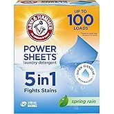 ARM & HAMMER 5-in-1 Power Sheets Laundry Detergent, Spring Rain, 50 Count, up to 100 Small Loads