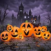 Joiedomi 10 FT Long Halloween Inflatables Outdoor Decorations, Blow Ups Inflatable Pumpkin for Yard with Witch's Cat, 8 Pcs Blow Up Pumpkin Decor for Halloween Decorations Outside